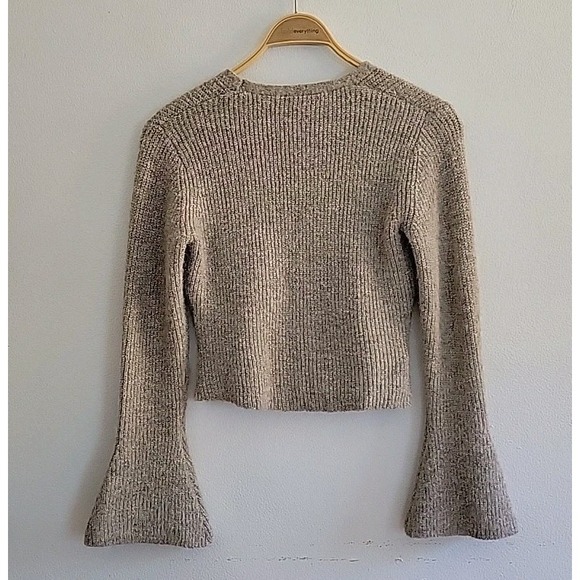 Commense Flare Sleeve Button Cardigan Tan Rib Knit V Neck Casual Classic - Picture 2 of 11